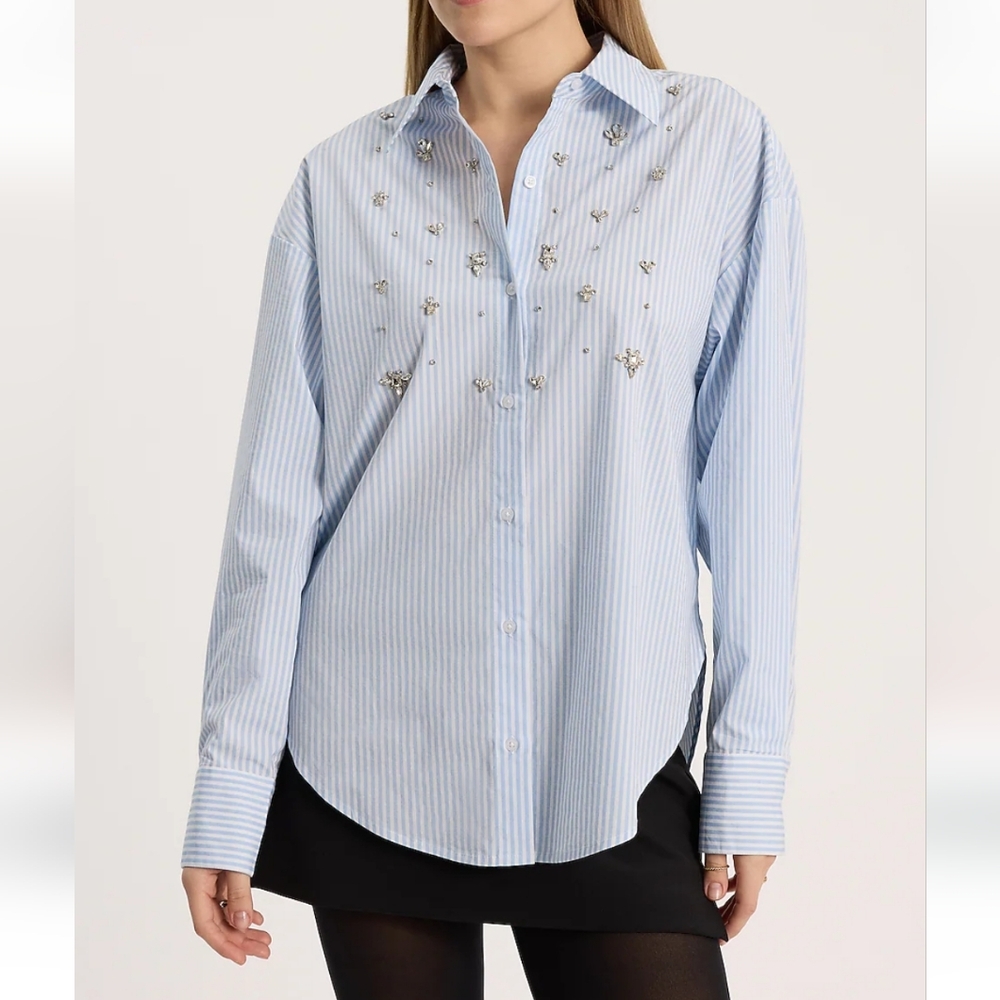 Express embellished stripe boyfriend portofino shirt top